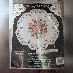 Bucilla Doily Decor 1113 Autumn Bouquet 14", tan crochet, 1987, cross stitch